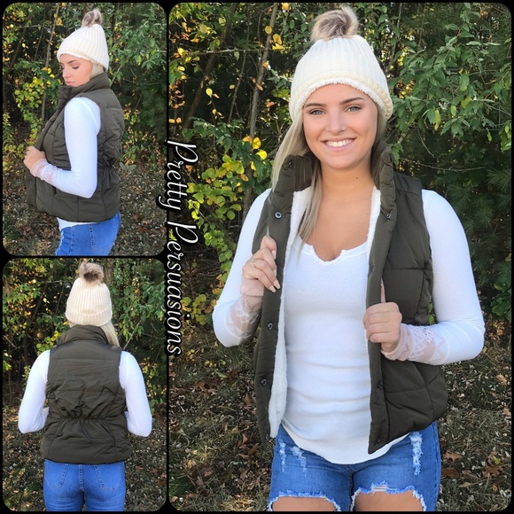 ❤️ Olive Shearling Lined Sleeveless Vest - Picture 2 of 7